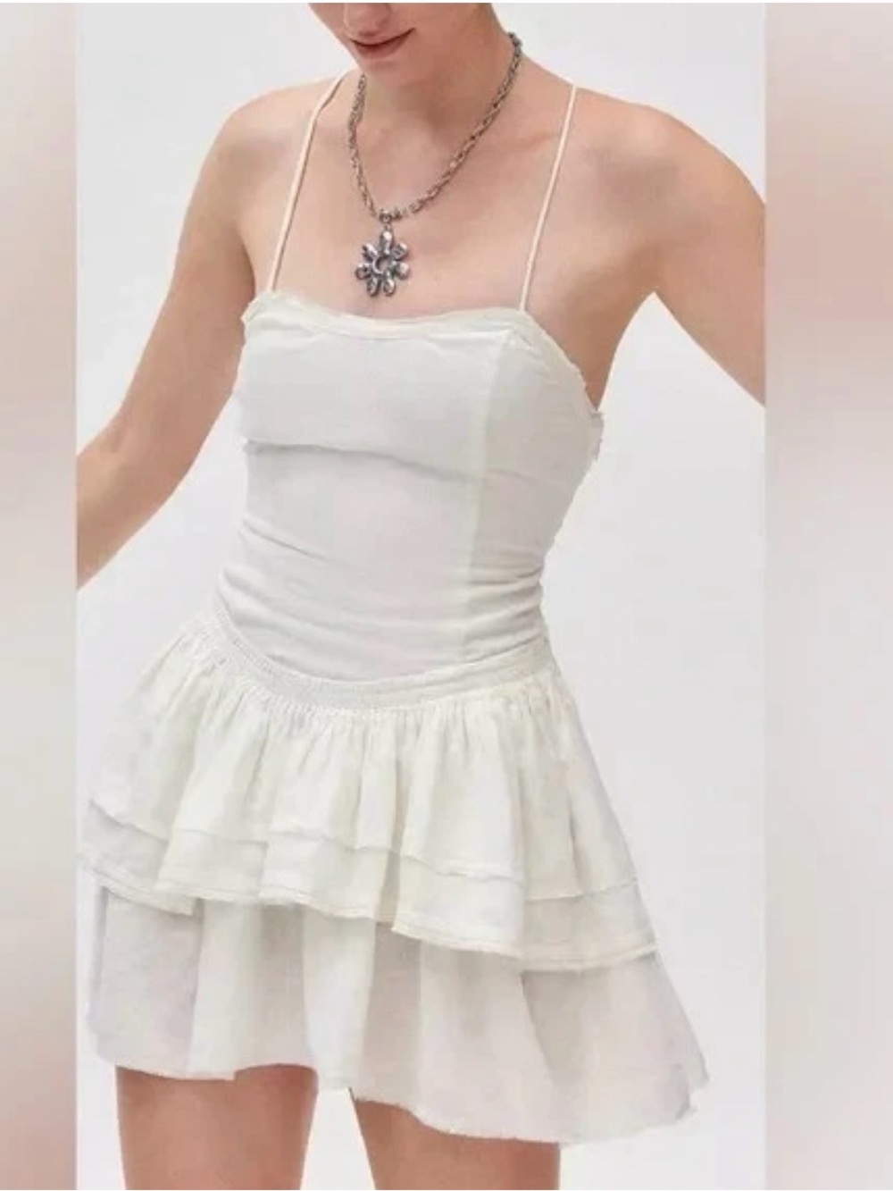 Urban Outfitters White Tiered Spaghetti-Strap Mini Dress